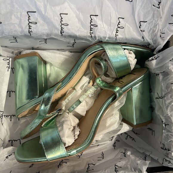 NEW Lulus 7.5 Arya Green Metallic High Heel Sandals Chunky Block Strappy Heels - Picture 3 of 9